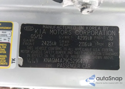 2012 Kia Optima Lx from USA, damaged, VIN KNAGM4A79C5296470